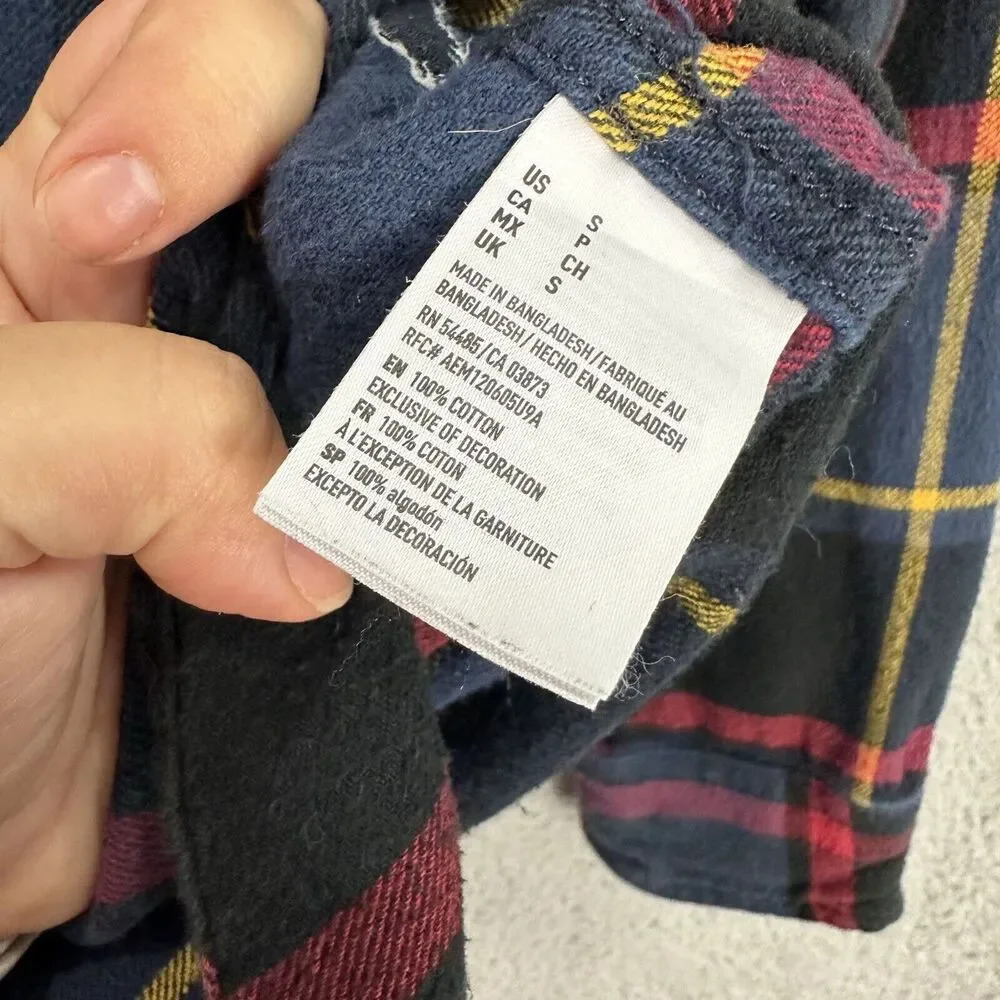 American Eagle Button Up Flannel Shirt Mens Small Blue Plaid Heritage Preppy - Picture 5 of 7